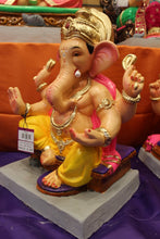 Load image into Gallery viewer, Eco-Friendly Ganesh Visarjan idol, Yellow &amp; Pink Maroon Gem Crown, side view