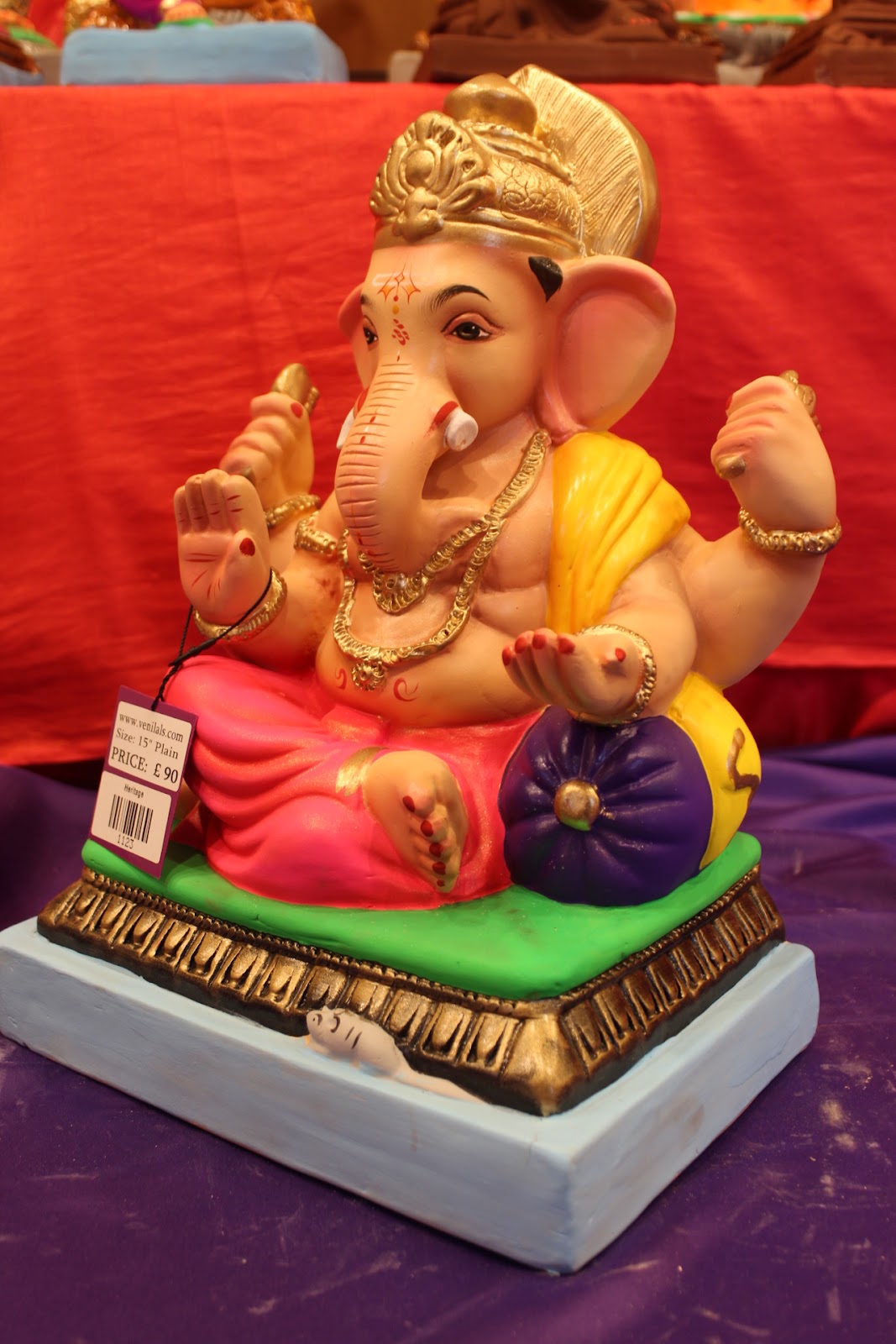 Eco-Friendly Ganesh Visarjan idol, Yellow Khes & Pink Dhoti, side view