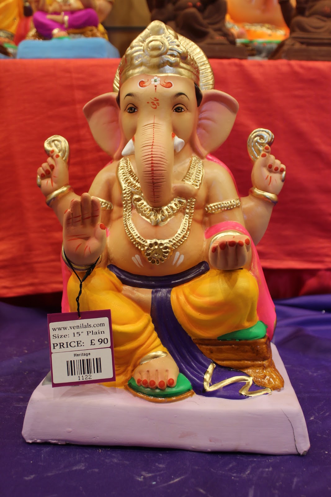 Eco-Friendly Ganesh Visarjan idol, Pink Khes & Gold Dhoti, front view 2