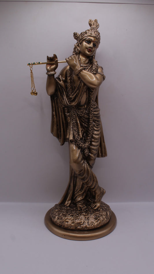 Antique bronze resin Krishna statue playing flute, front view