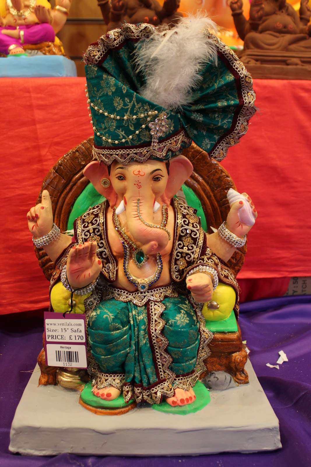 Eco-Friendly Ganesh Visarjan idol, Full Safa Set Teal & Maroon, front view 2