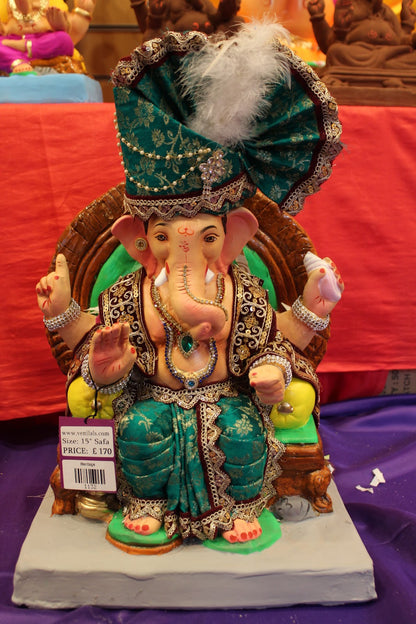 Eco-Friendly Ganesh Visarjan idol, Full Safa Set Teal & Maroon, front view 2