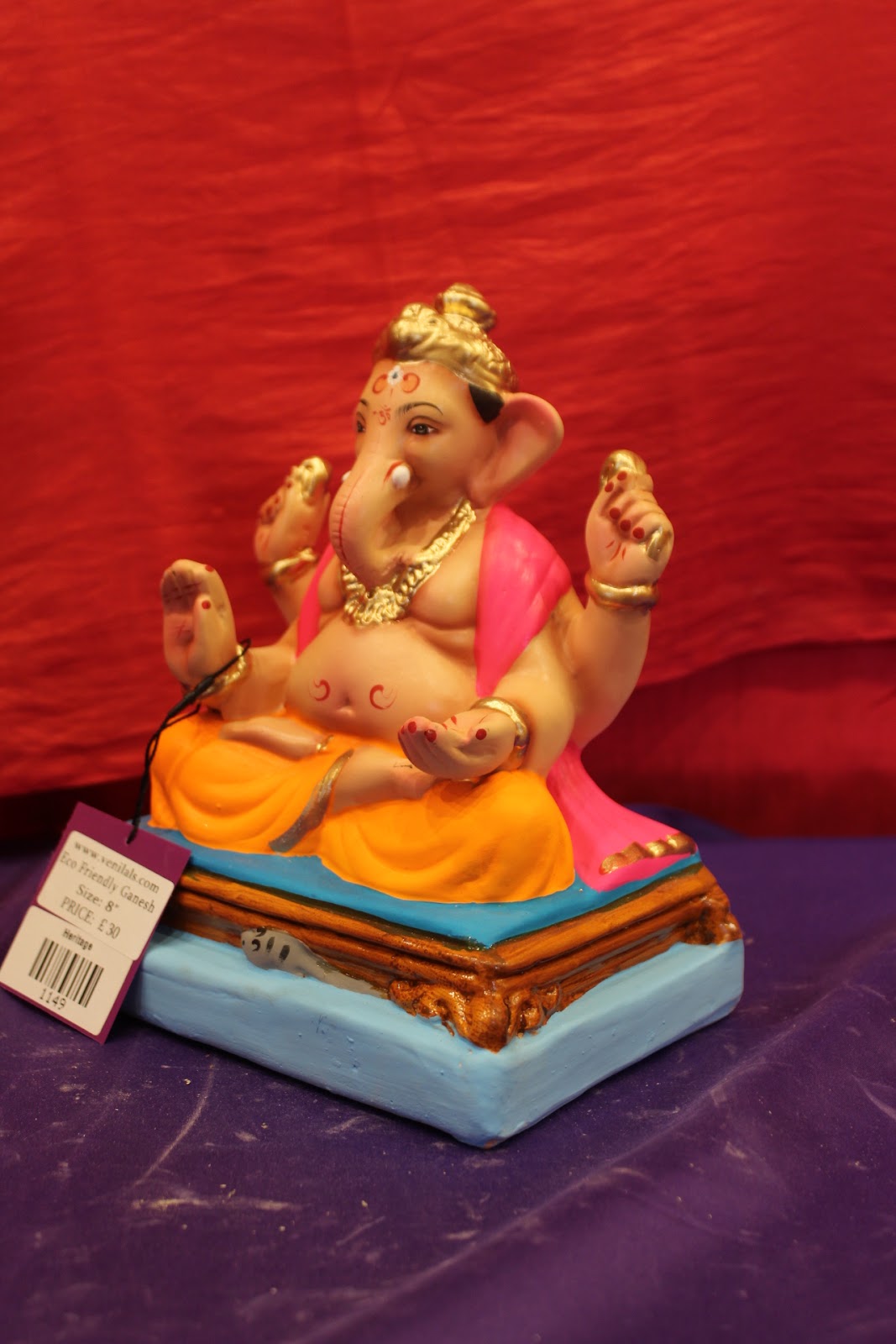 Eco-Friendly Ganesh Visarjan Idol – Orange Dhoti & Pink Shawl, ~8 inch