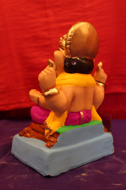 Eco-Friendly Ganesh Visarjan Idol – Yellow & Magenta, Halo Crown, ~8 inch
