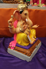 Load image into Gallery viewer, Eco-Friendly Ganesh Visarjan idol, Yellow &amp; Pink Blue Gem Crown, close-up