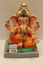 Load image into Gallery viewer, Eco-friendly clay Ganesh idol in jewellery style with pearl and teal crown, front view