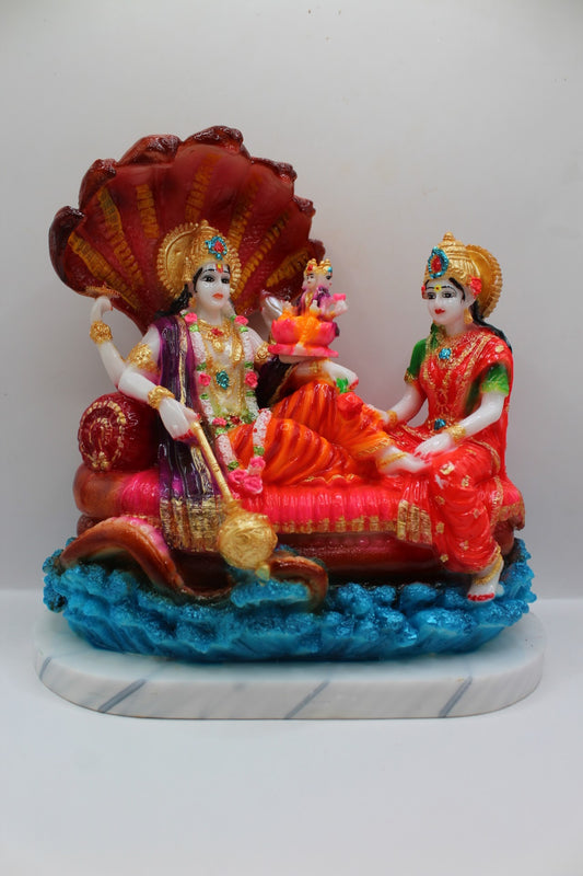 Colourful resin Vishnu Laxmi murti on Sheshnaag, front view