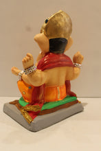 Load image into Gallery viewer, Eco-friendly clay Ganesh idol in jewellery style with blue gem crown, back view