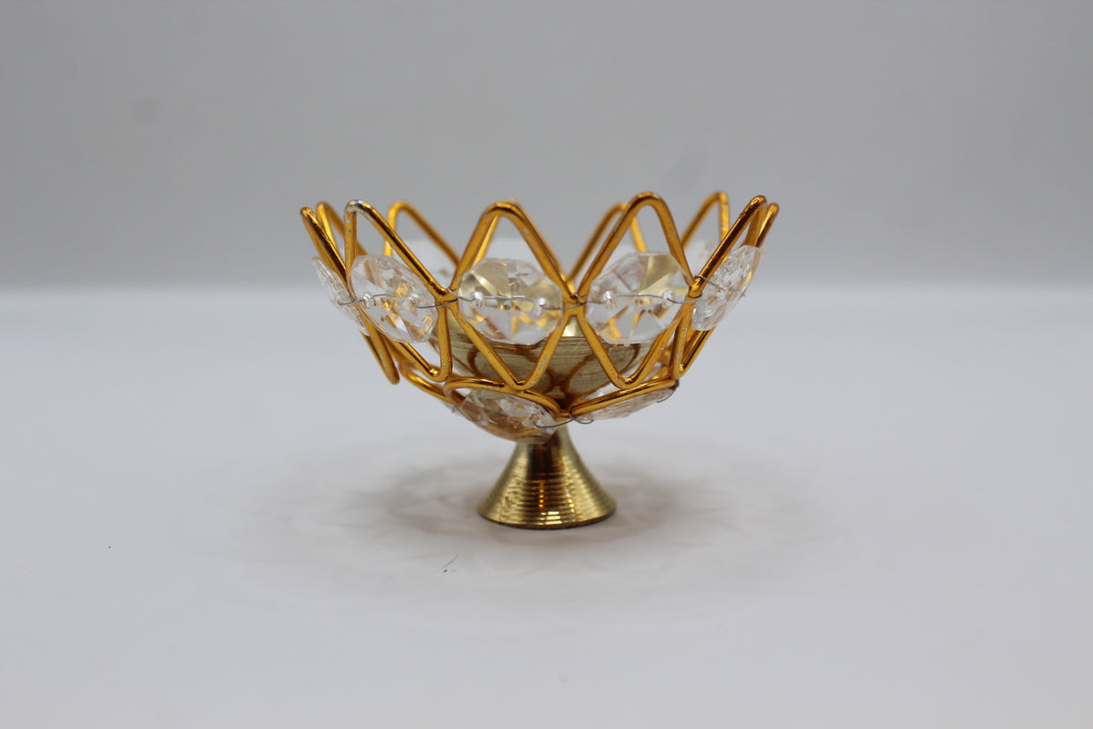 Flower diya, brass with crystal lotus, another view