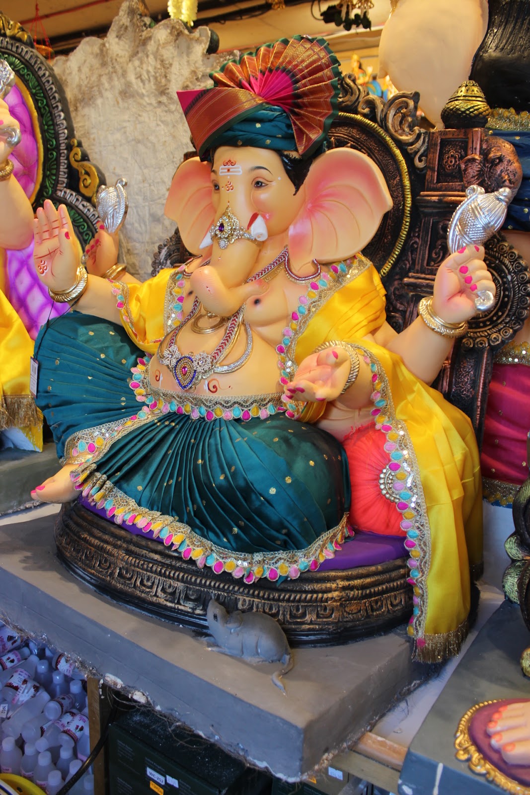 POP Ganesh Visarjan Idol – Peshwa Turban with Peacock Teal Dhoti, ~3ft