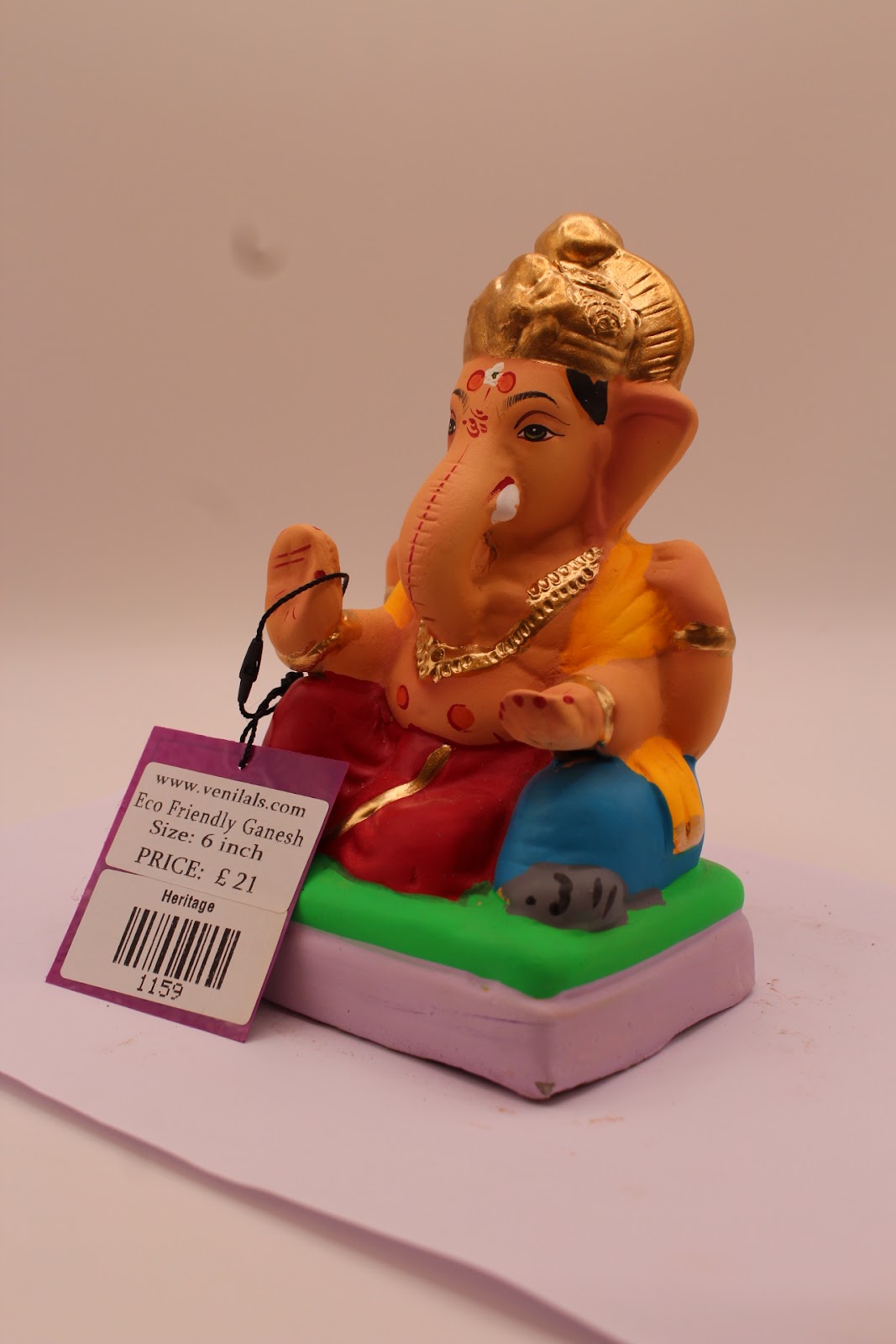 Eco-Friendly Ganesh Visarjan Idol – Yellow Khes & Red Dhoti, Tall Crown, ~6 inch