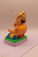 Load image into Gallery viewer, Eco-Friendly Ganesh Visarjan Idol – Yellow Khes &amp; Red Dhoti, Tall Crown, ~6 inch
