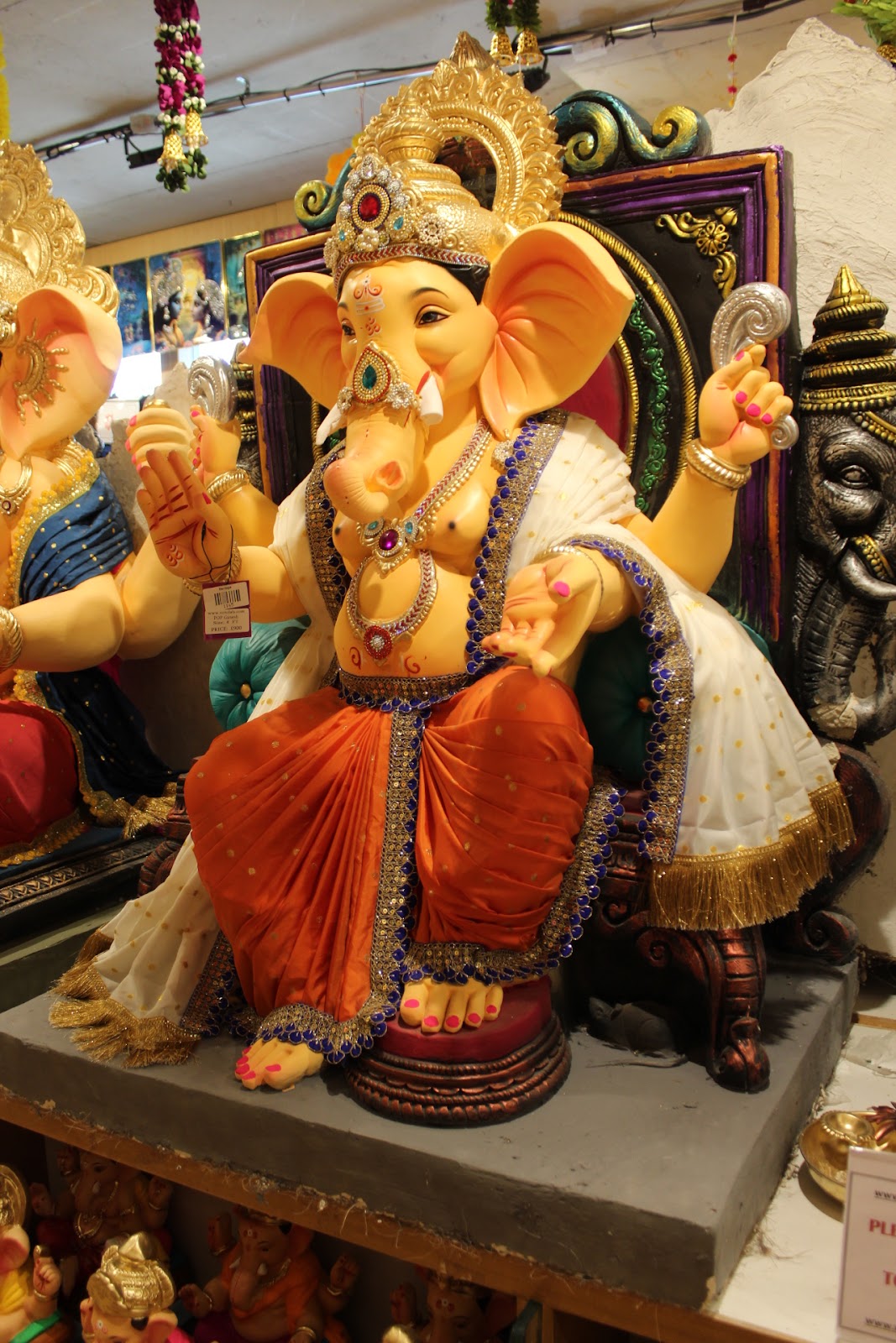 POP Ganesh Visarjan Idol – Vermilion Dhoti with Blue Bead Jewellery, ~4ft