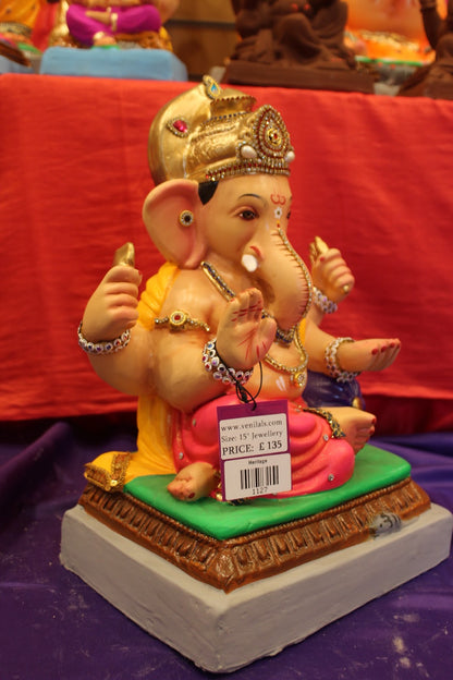 Eco-Friendly Ganesh Visarjan idol, Jewellery Style Gold Khes & Pink Dhoti, close-up