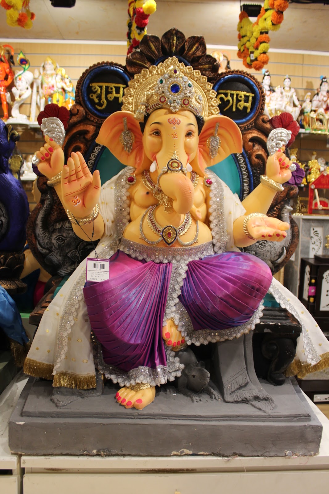 POP Ganesh Visarjan Idol – Magenta Dhoti with Ivory Gold-Fringed Shawl, ~4ft