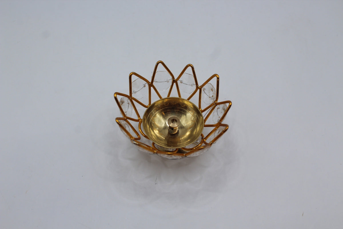 Flower diya, brass with crystal lotus, front view