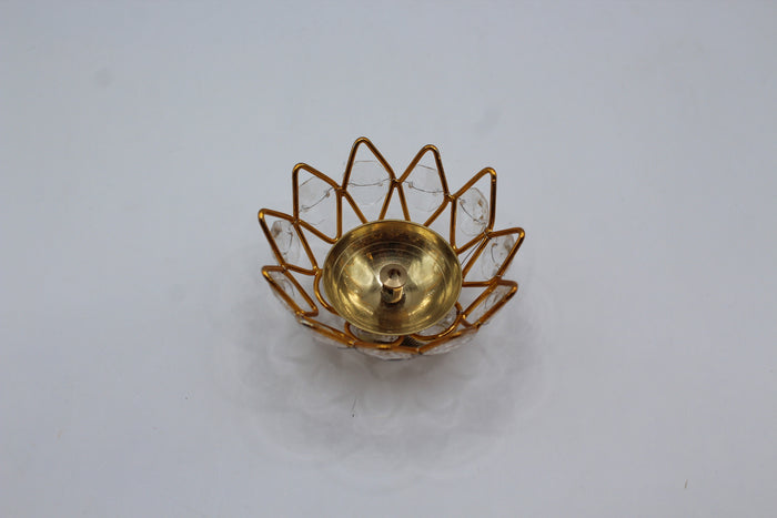 Flower diya, brass with crystal lotus, front view