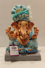Load image into Gallery viewer, Eco-friendly clay Ganesh idol with sky blue safa and pearls, front view