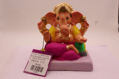 Eco-Friendly Ganesh Visarjan Idol – Yellow Khes & Magenta Dhoti, ~6 inch
