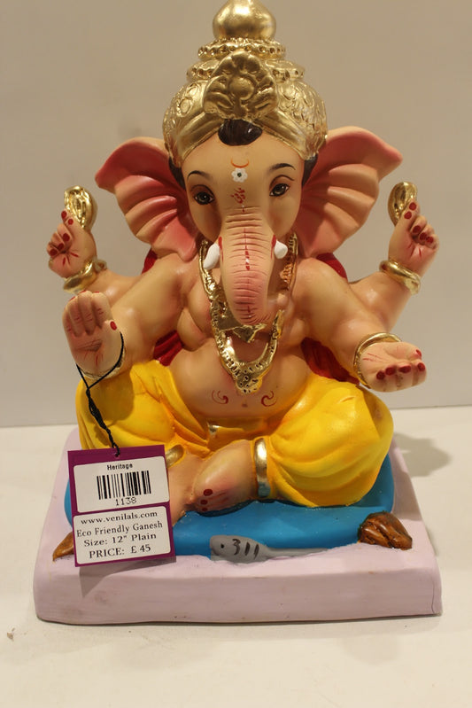 Eco-friendly clay Ganesh idol with red khes and yellow dhoti, front view