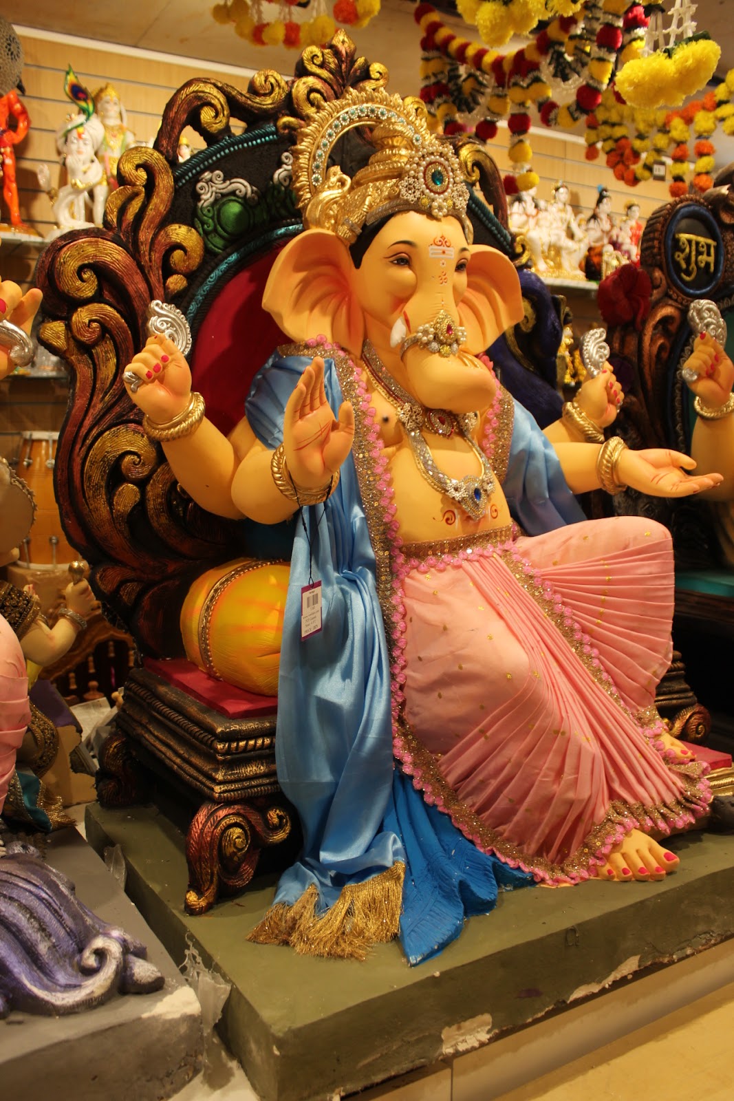 POP Ganesh Visarjan Idol – Powder Blue & Blush Pink on Carved Throne, ~4ft