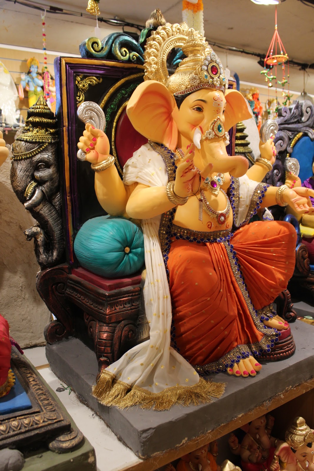 POP Ganesh Visarjan Idol – Vermilion Dhoti with Blue Bead Jewellery, ~4ft