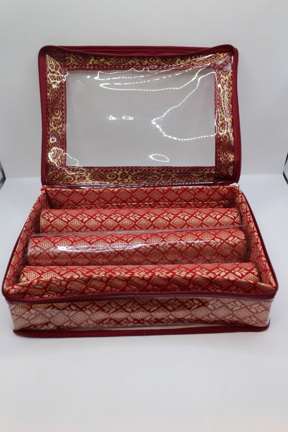 Maroon bangle box with 3 rolls – open