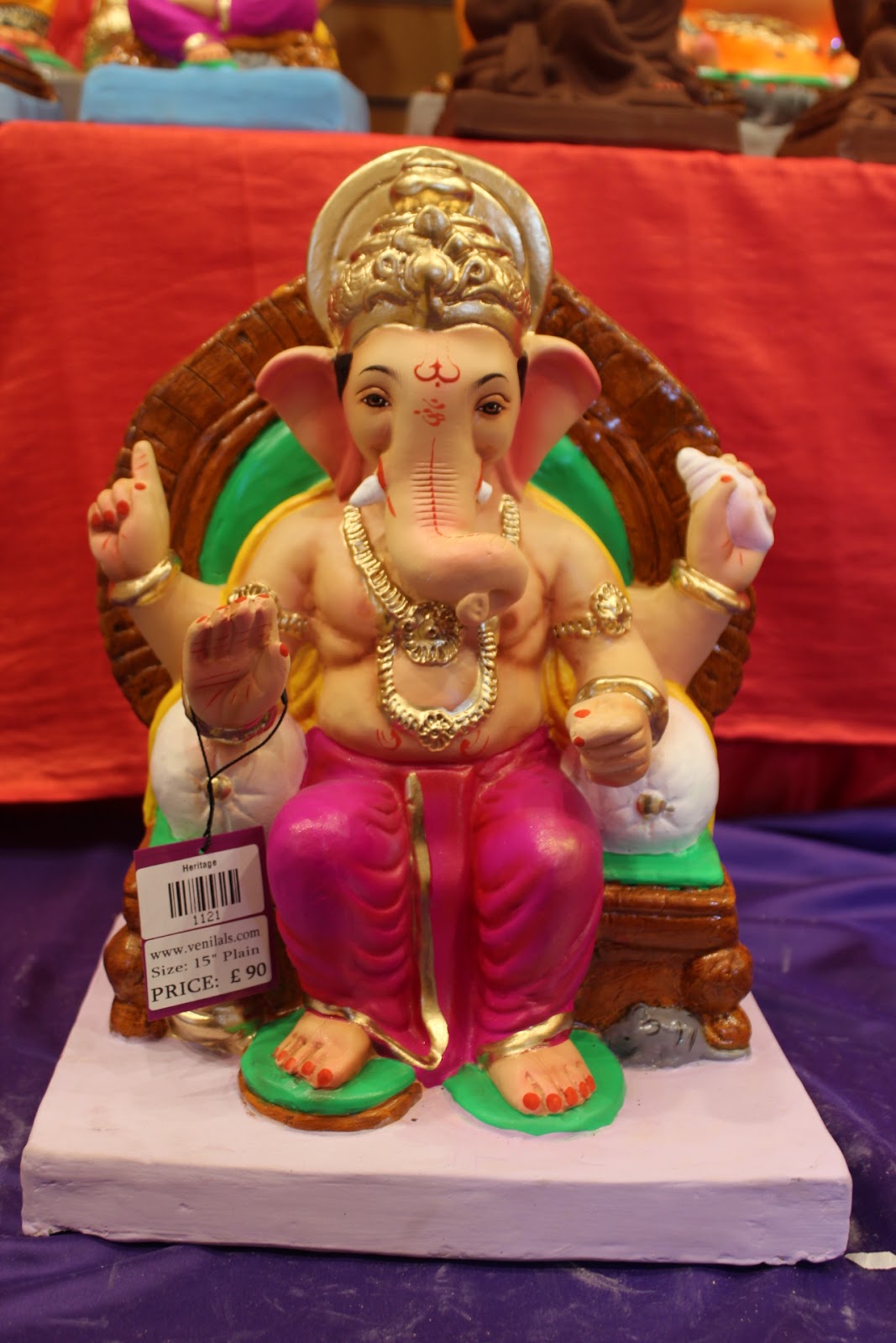 Eco-Friendly Ganesh Visarjan idol, Gold Khes & Magenta Dhoti, front view 2