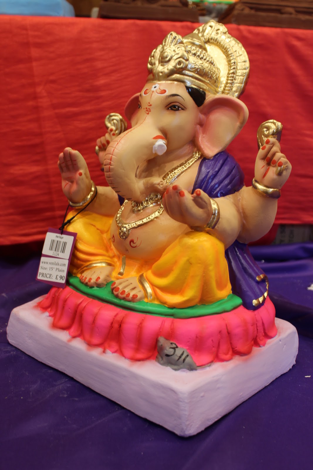 Eco-Friendly Ganesh Visarjan idol, Purple Khes & Gold Dhoti, side view