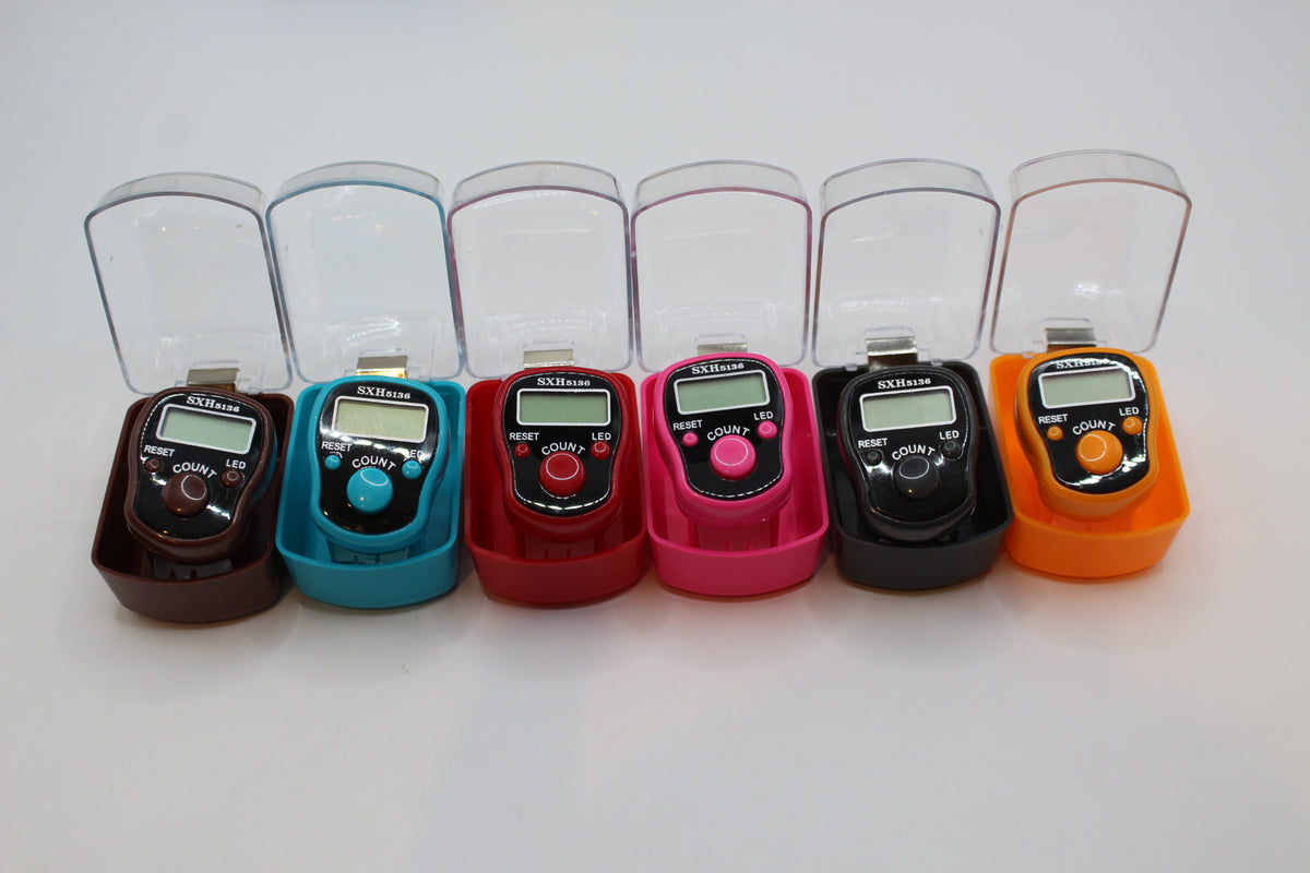 Digital finger counters in brown, turquoise, red, pink, black and orange