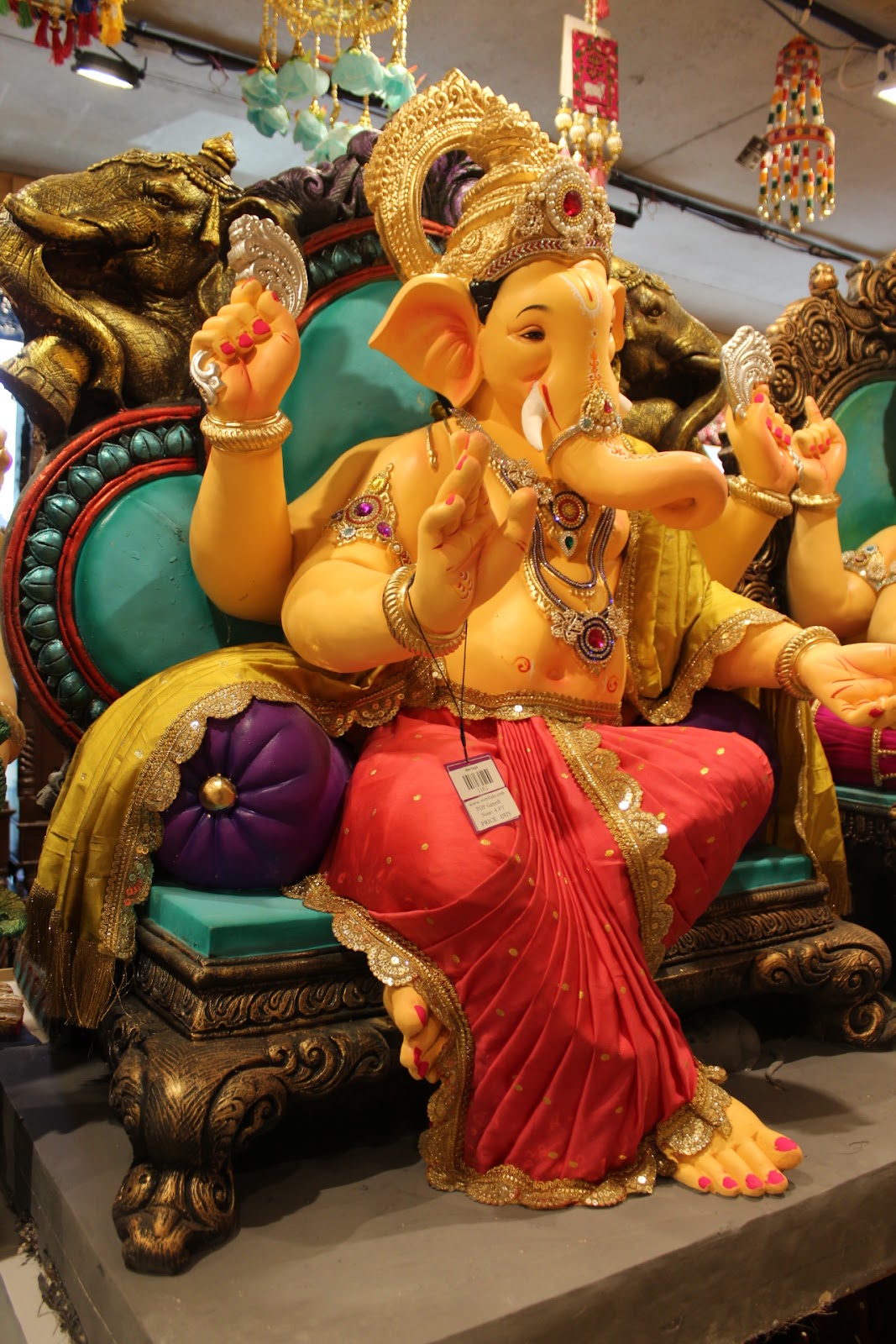 POP Ganesh Visarjan Idol – Red & Gold Sequin Dhoti on Teal Carved Throne, ~4ft