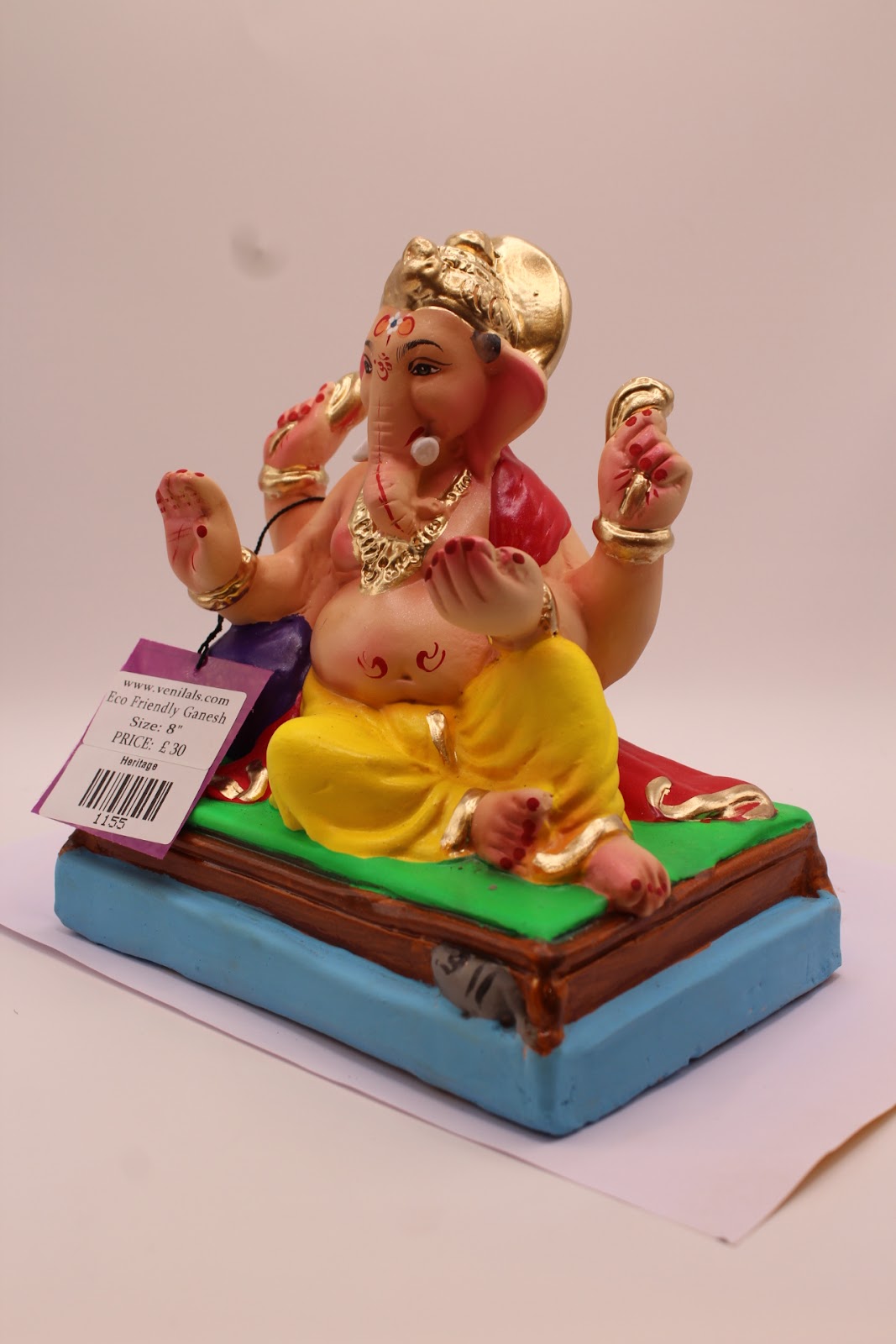 Eco-Friendly Ganesh Visarjan Idol – Yellow Dhoti & Red Khes, Green Mat, ~8 inch