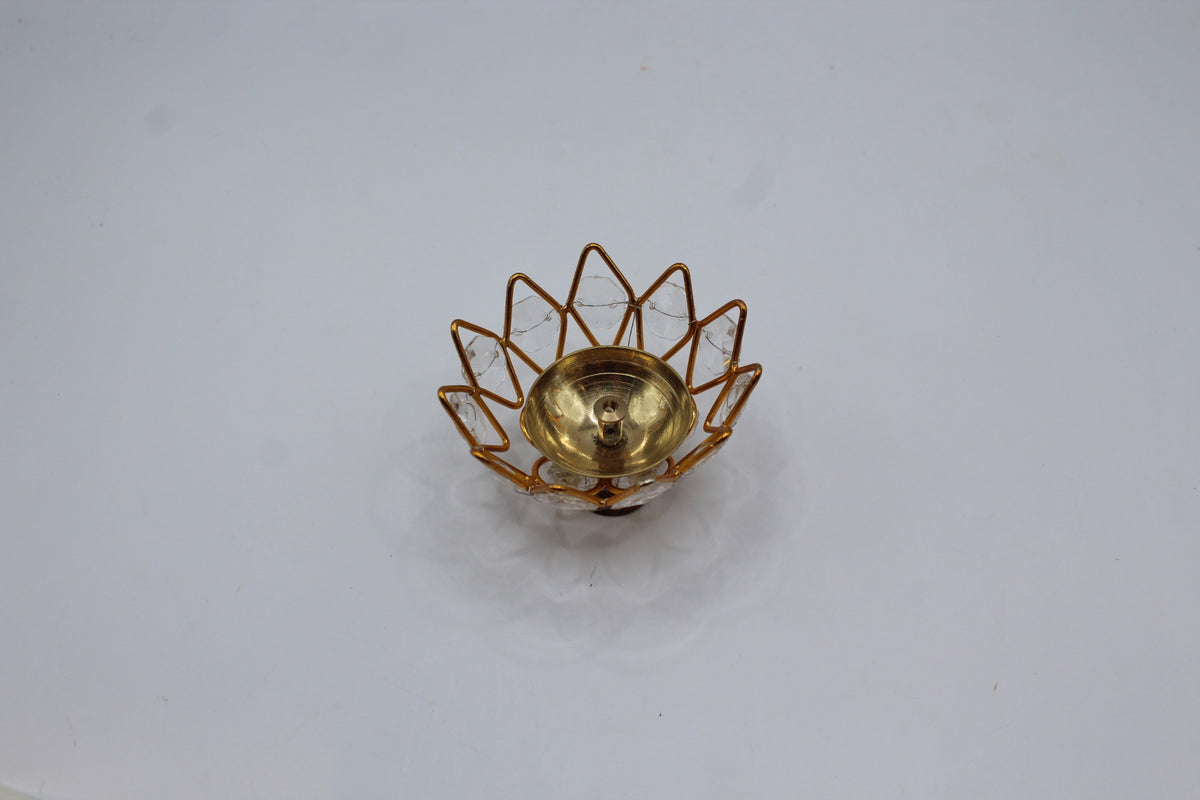 Flower diya, brass with crystal lotus, side view