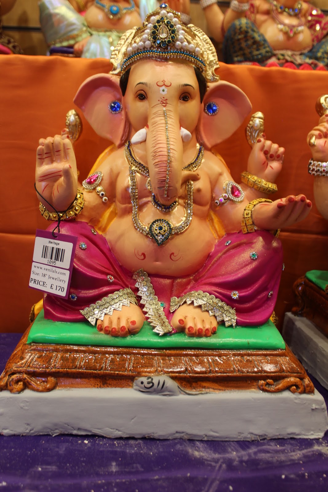 Eco-Friendly Ganesh Visarjan idol, Jewellery Style Magenta & Gold, front view 2