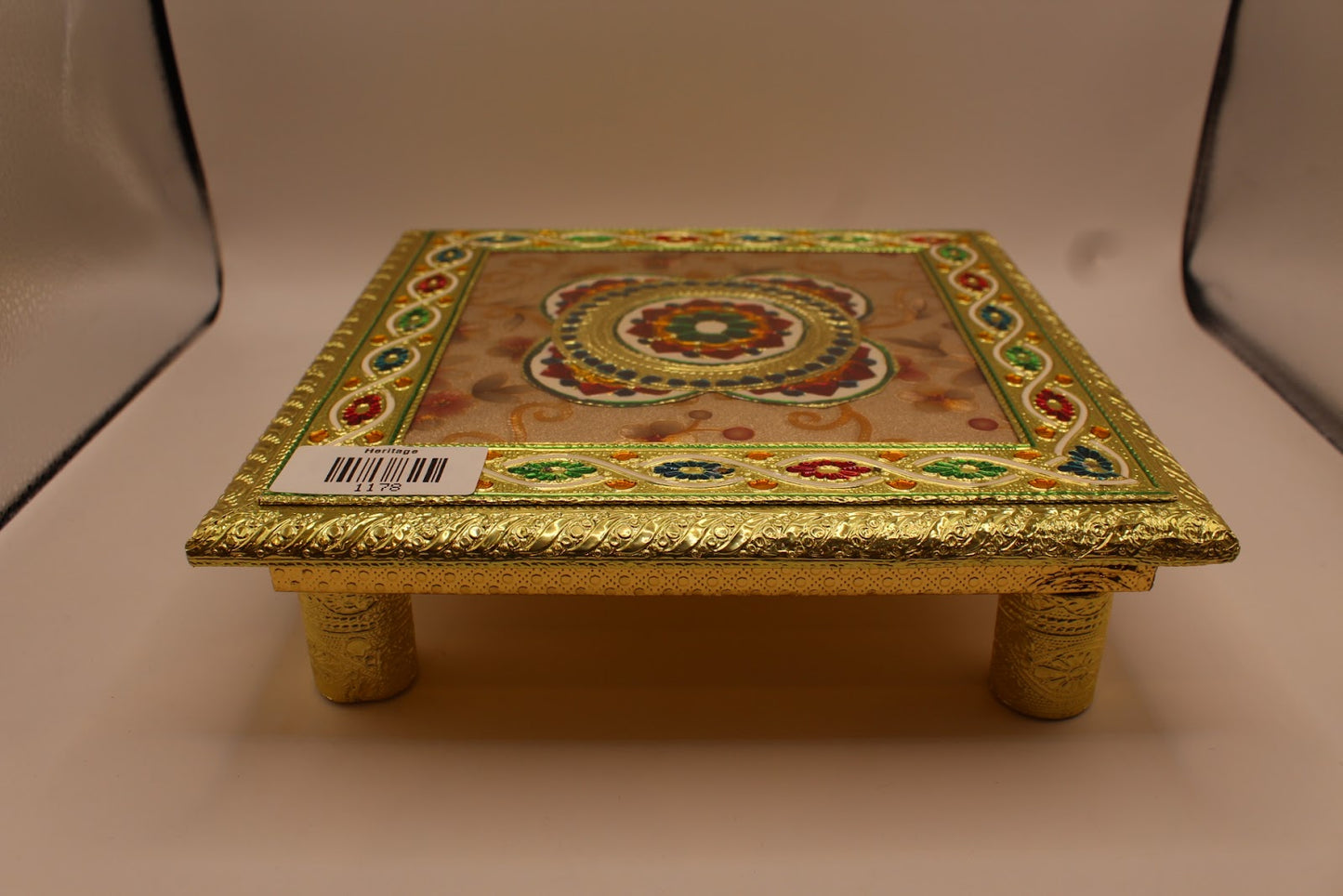 Floral meenakari chowki pooja stool in gold and enamel, 10 x 10 inch
