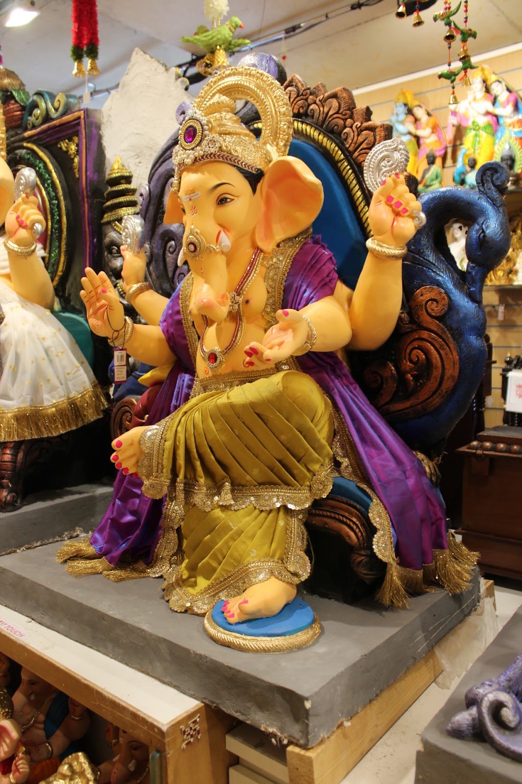 POP Ganesh Visarjan Idol – Olive Gold Dhoti with Purple Uttariya, ~3ft