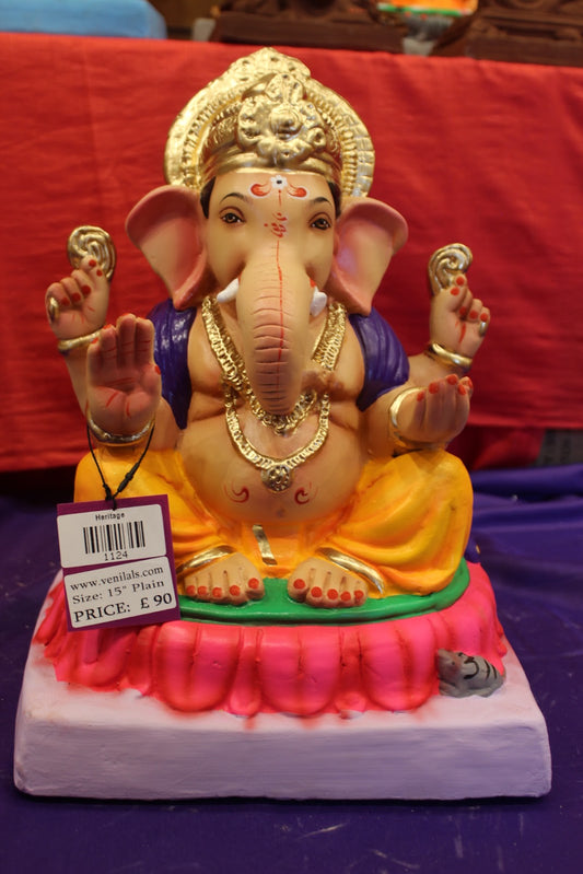 Eco-Friendly Ganesh Visarjan idol, Purple Khes & Gold Dhoti, front view