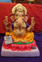 Load image into Gallery viewer, Eco-Friendly Ganesh Visarjan idol, Purple Khes &amp; Gold Dhoti, front view