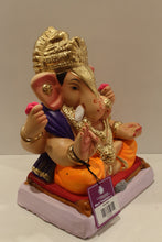 Load image into Gallery viewer, Eco-friendly clay Ganesh idol with purple shawl and orange dhoti, side view