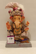 Load image into Gallery viewer, Eco-friendly clay Ganesh idol with blush pink rose safa, front view