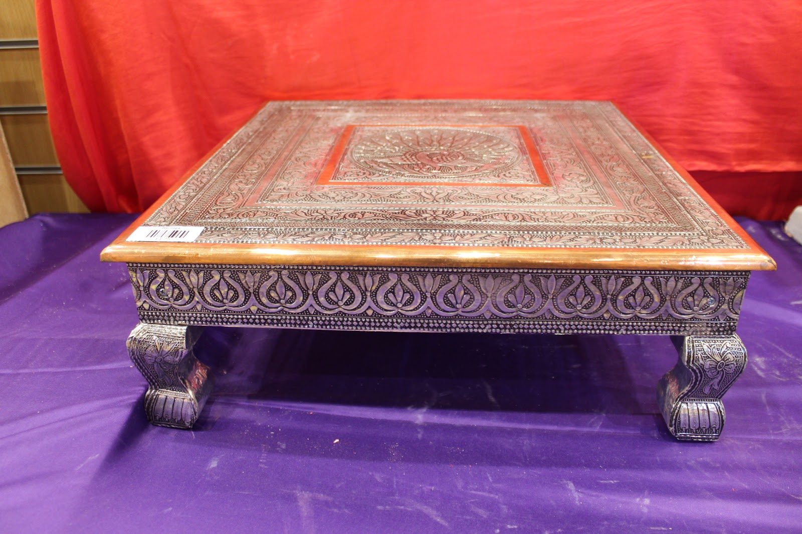 Oxidised silver bajot pooja chowki with embossed peacock panel, 18 x 18 inch