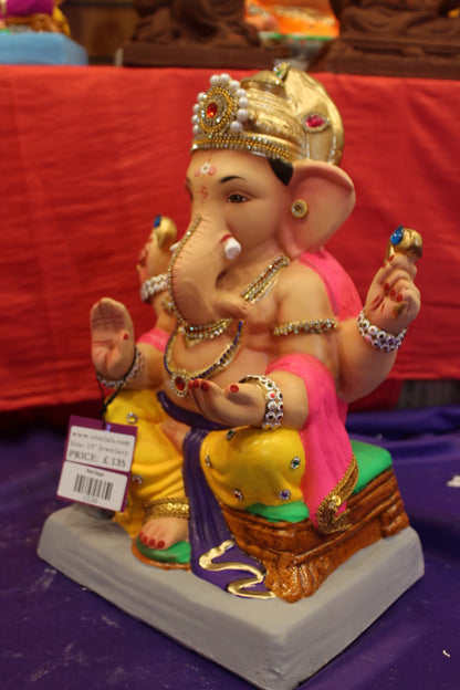 Eco-Friendly Ganesh Visarjan idol, Jewellery Style Pink Khes & Yellow Dhoti, side view