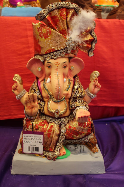 Eco-Friendly Ganesh Visarjan idol, Full Safa Set Maroon & Gold, front view 2