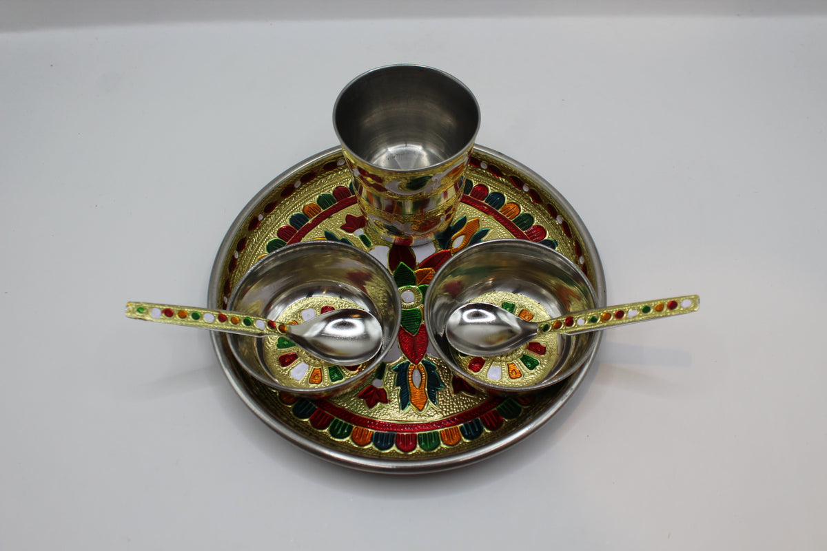 Meenakari pooja set No. 1 with thali, bowls, glass and spoons, front view