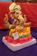 Load image into Gallery viewer, Eco-Friendly Ganesh Visarjan idol, Purple Khes &amp; Gold Dhoti, close-up