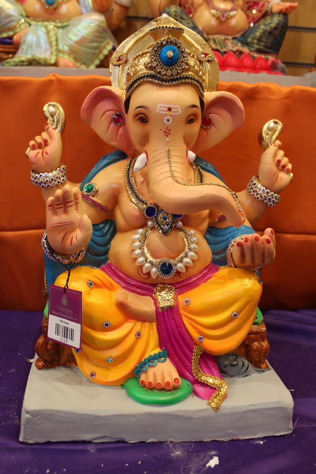 Eco-Friendly Ganesh Visarjan idol, Jewellery Style Yellow & Blue, front view 2