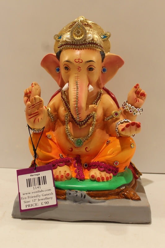 Eco-friendly clay Ganesh idol in jewellery style with blue gem crown, front view