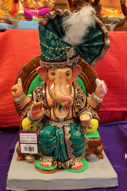 Eco-Friendly Ganesh Visarjan idol, Full Safa Set Teal & Maroon, front view