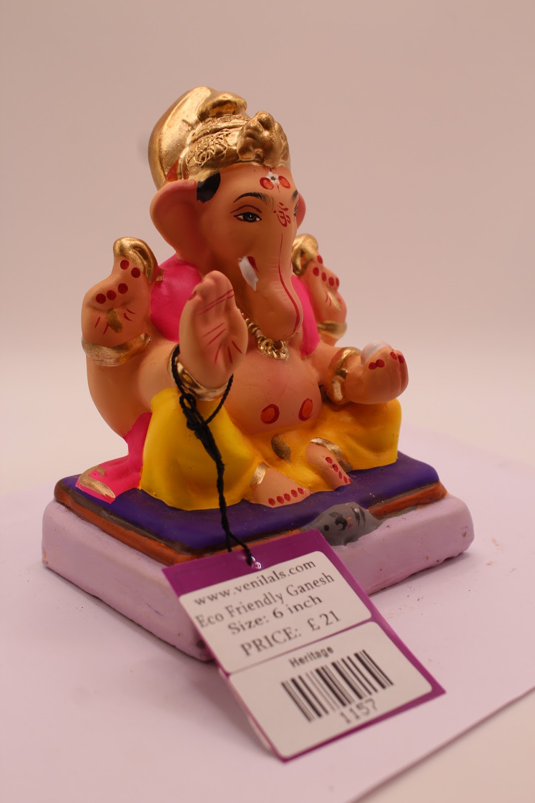 Eco-Friendly Ganesh Visarjan Idol – Pink Shawl & Yellow Dhoti, ~6 inch