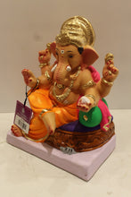 Load image into Gallery viewer, Eco-friendly clay Ganesh idol with pink khes, orange dhoti and basket throne, side view